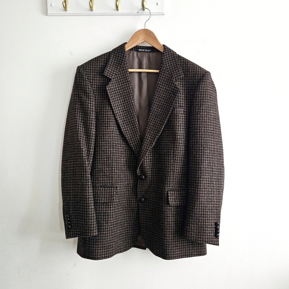Vintage Andhurst 100% Wool Houndstooth Blazer Brown Black 40R Made in Slovakia
